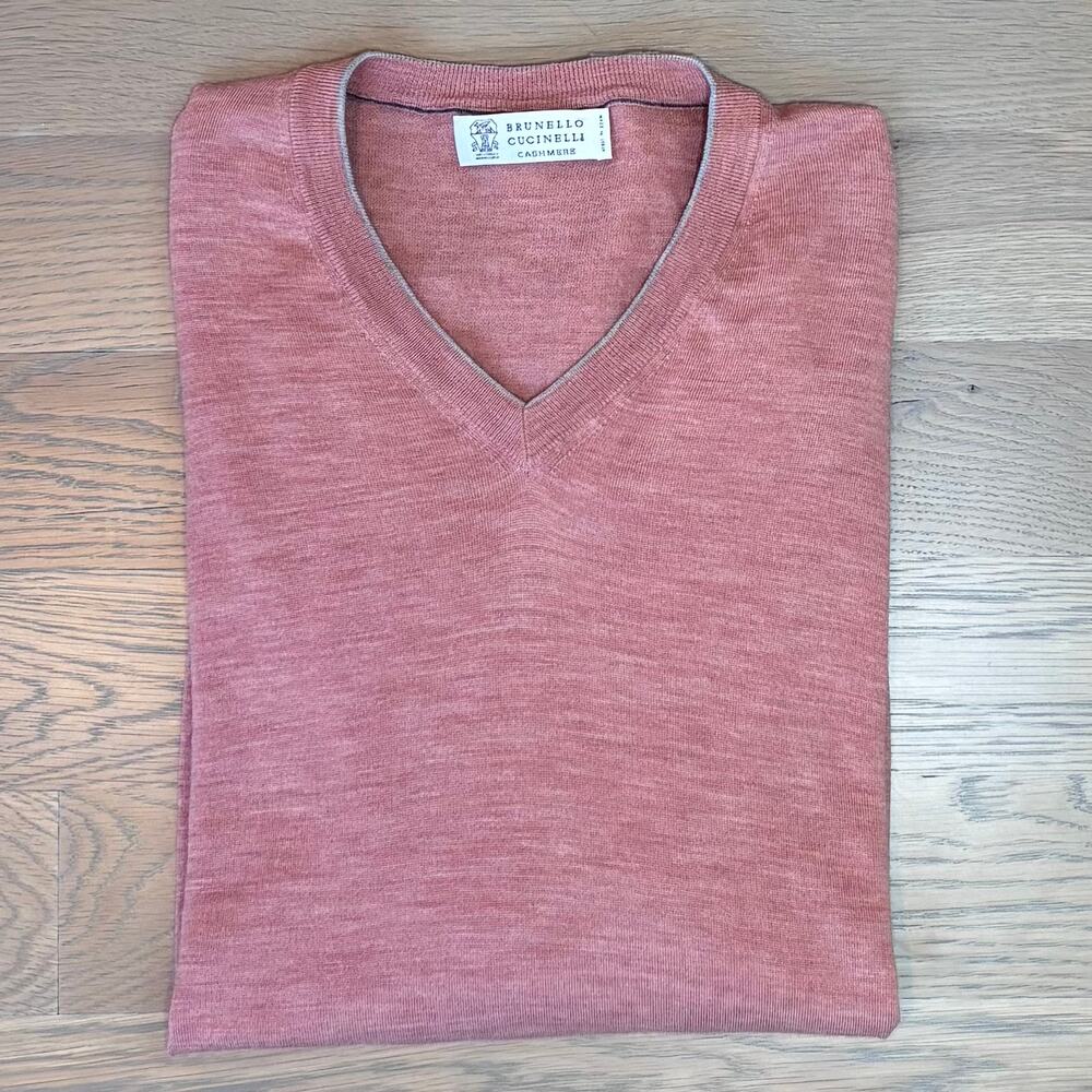 Brunello Cucinelli Italy Wool Cashmere V Neck Sweater Salmon Lux Men Size IT 50